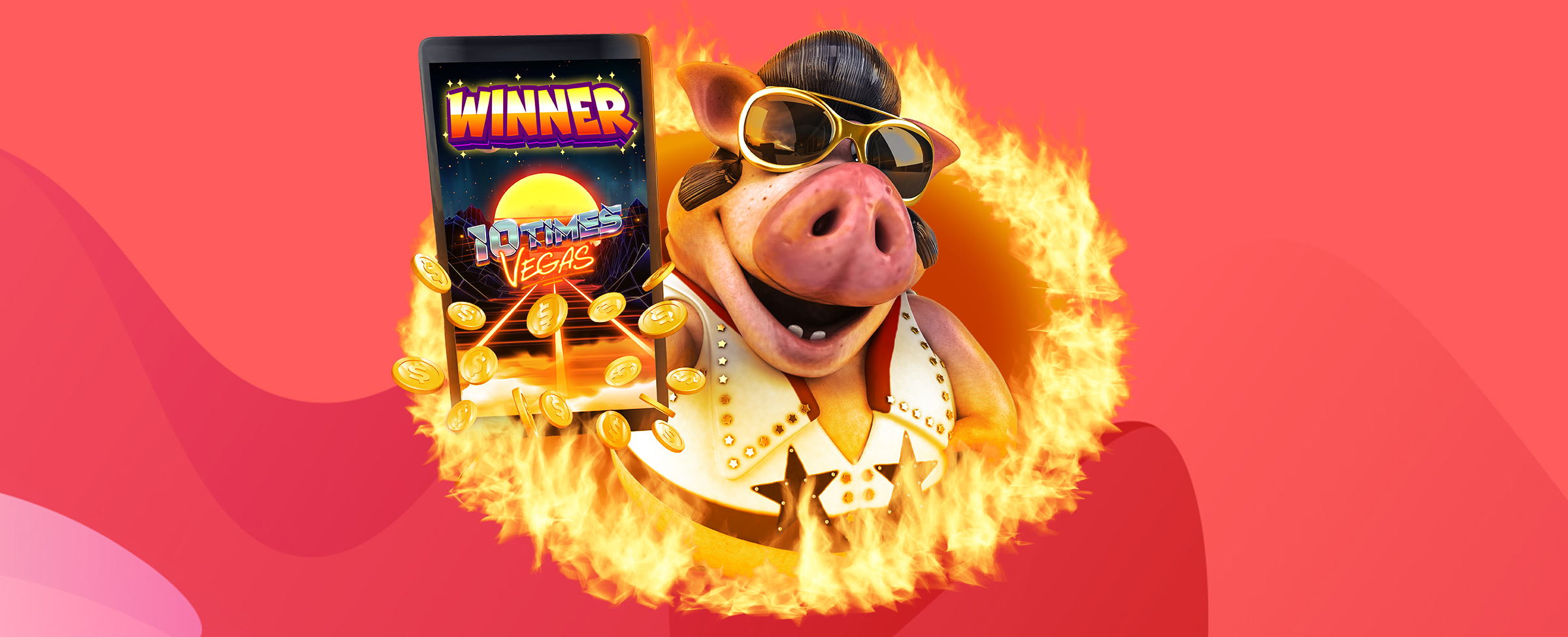 A 3D-animated pig dressed as Elvis protrudes through a ring of fire, holding up a large mobile phone showing a screenshot of the SlotsLV slots game “10 Times Vegas”, with the headline “winner”.