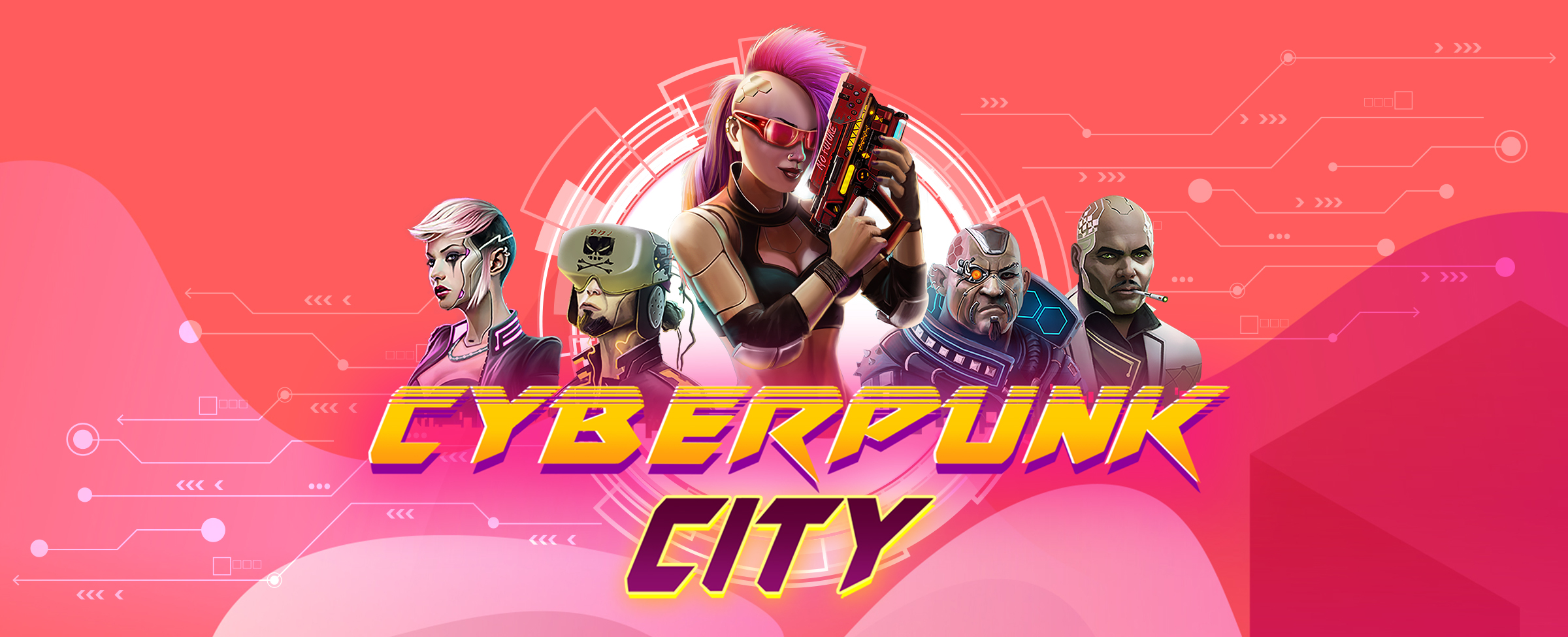 Five 3D-animated android-looking characters from the SlotsLV slot game “Cyberpunk City” appear in the center screen, with large overlaid font that also reads “Cyberpunk City” written below.