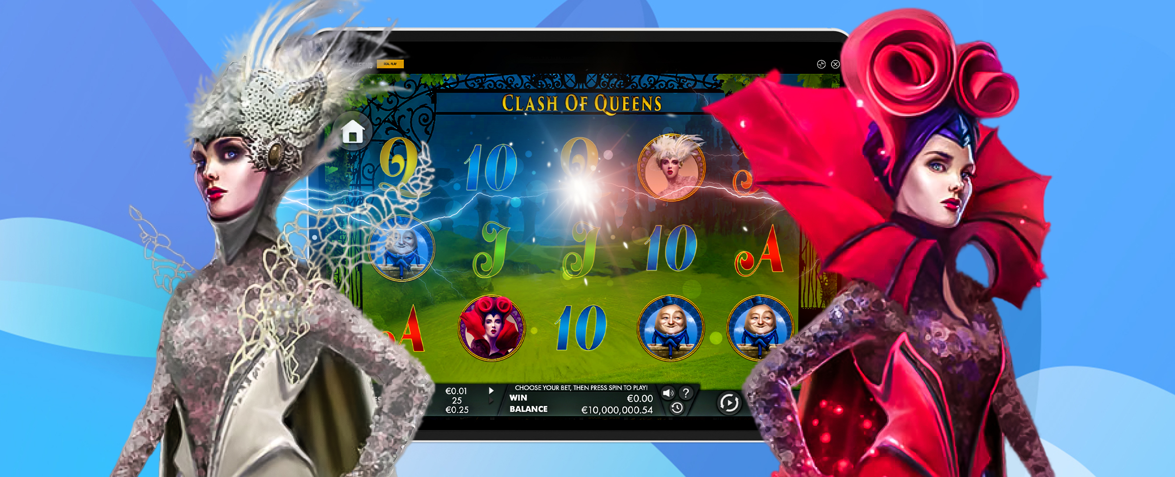 Two animated queens in silver and red, respectively, from the SlotsLV slot game Clash of Queens, flank either side of a tablet device showing a screenshot of the game features.