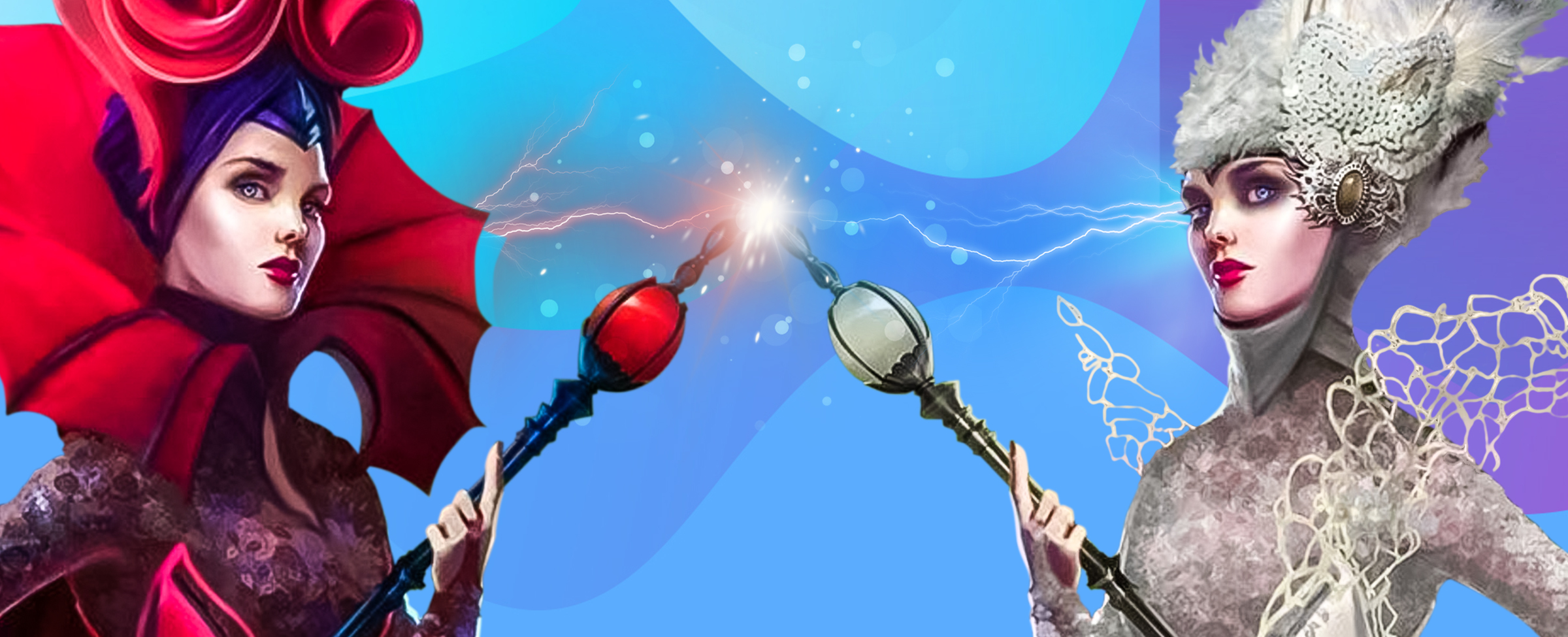 Two animated queens from the SlotsLV slot game Clash of queens stand either side, facing inward. The queen on the left wears a red oversized frill-neck, while the other wears a metallic white and silver suit with a tall, white furry hat. Each holds a scepter with a pointed tip, meeting in the center of the image, creating an electrical flash of light.