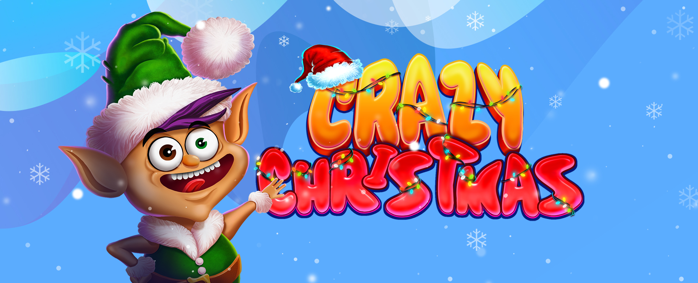 A funny looking 3D cartoon character of an elf with bulging eyes and oversized ears stands beside the words “Crazy Christmas”, which is the SlotsLV slot game logo.