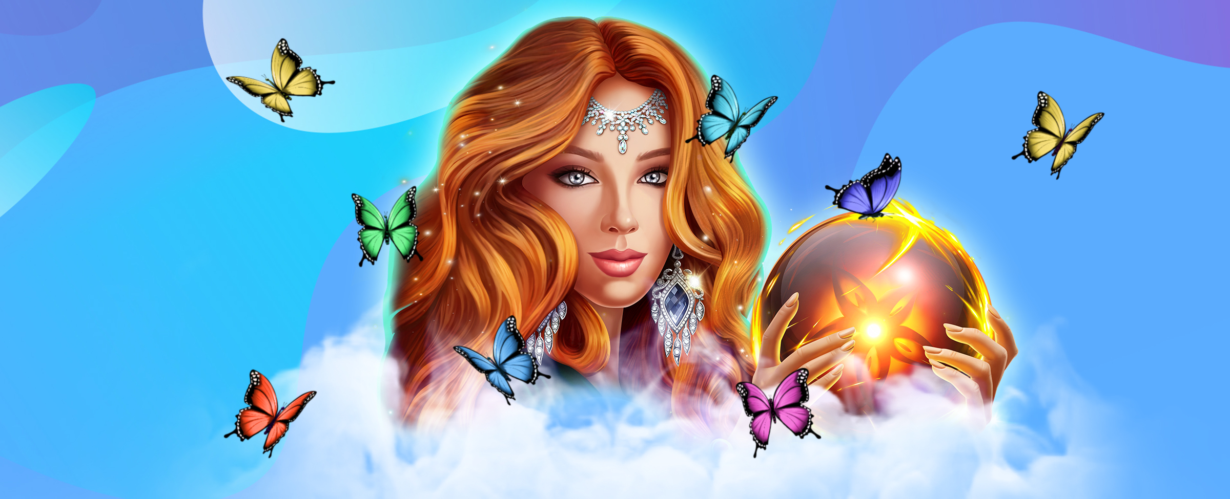 An animated woman with flowing red hair wearing a forehead chain and large earrings, holds up a glowing yellow and red ball, surrounded by colorful butterflies, from the SlotsLV slot game Lady’s Magic Charms.