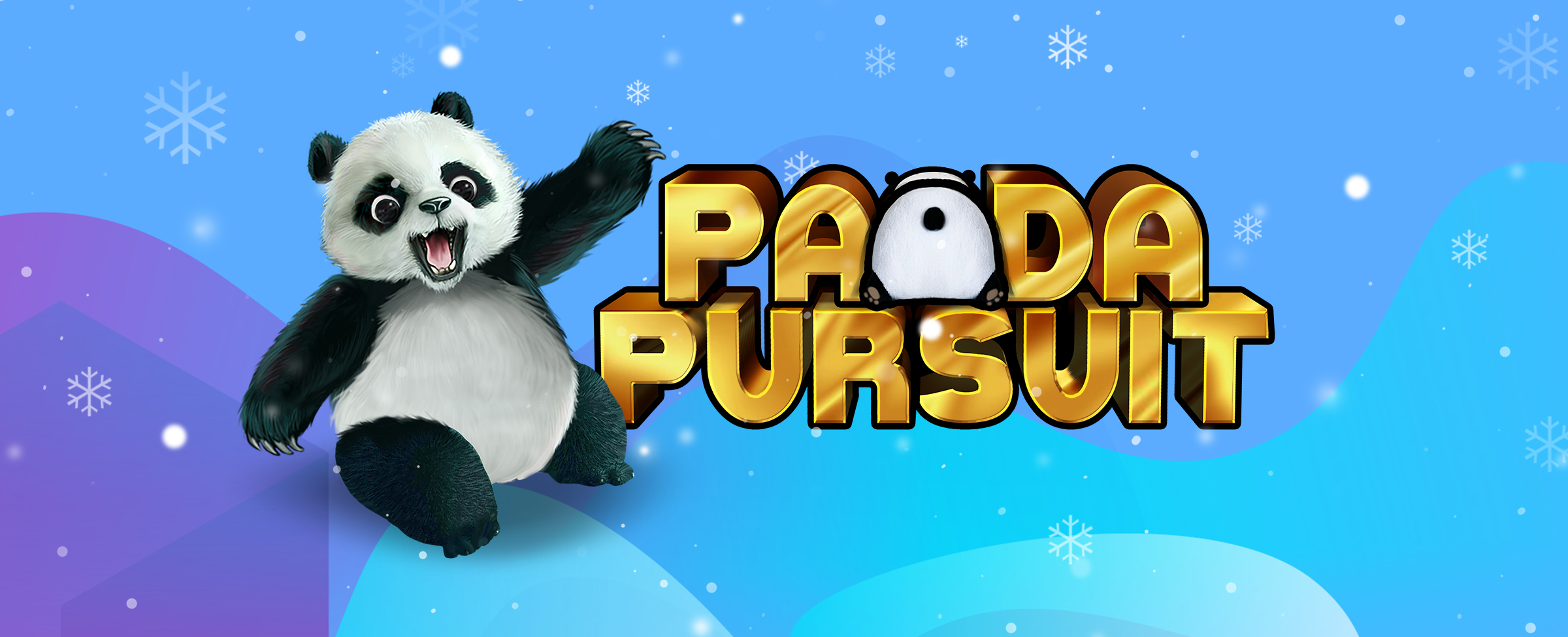 A cute 3D-animated cartoon of a giant panda sits, playfully, next to the logo from the SlotsLV slot game, which reads “Panda Pursuit”.