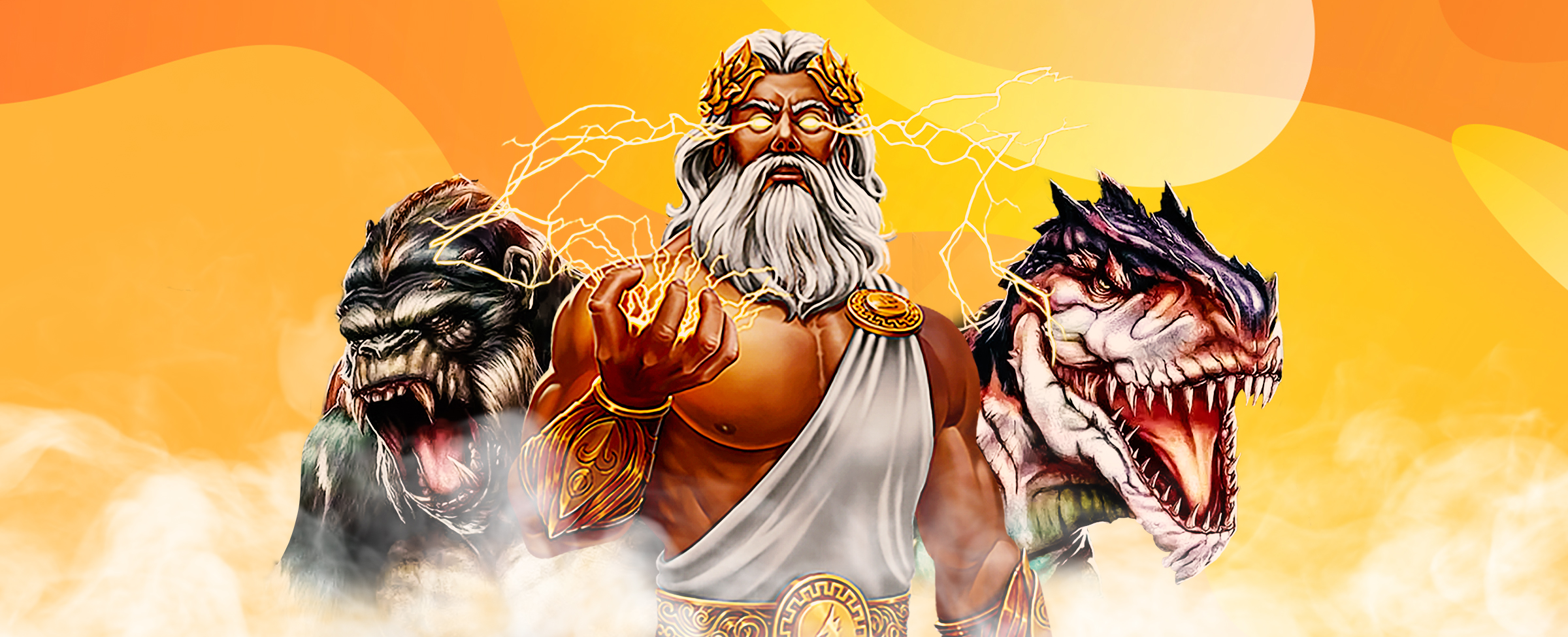 SlotsLV game characters including the Greek God Zeus, King Kong and Godzilla stand beside each other in a cloud of smoke against an orange and yellow background