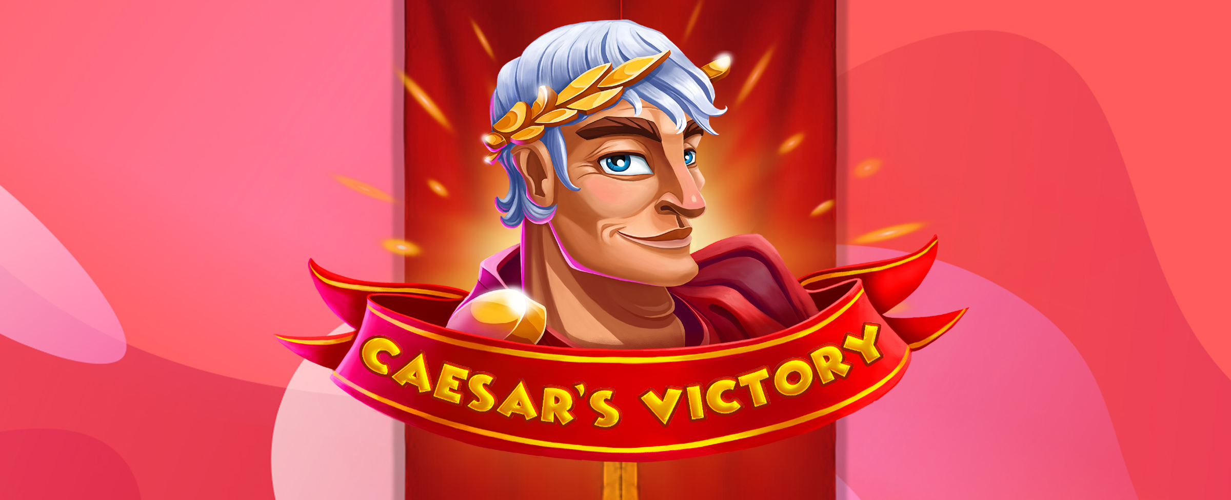 A 3D animated character of Caesar is shown standing in front of a pink wavy background, with the words “Caesar’s Victory” in front, from the SlotsLV slot game of the same name.