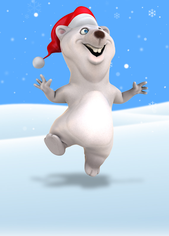 A 3D-animated polar bear stands in snow with snowflakes falling around him, wearing a Santa hat, and wearing a daydreaming expression.