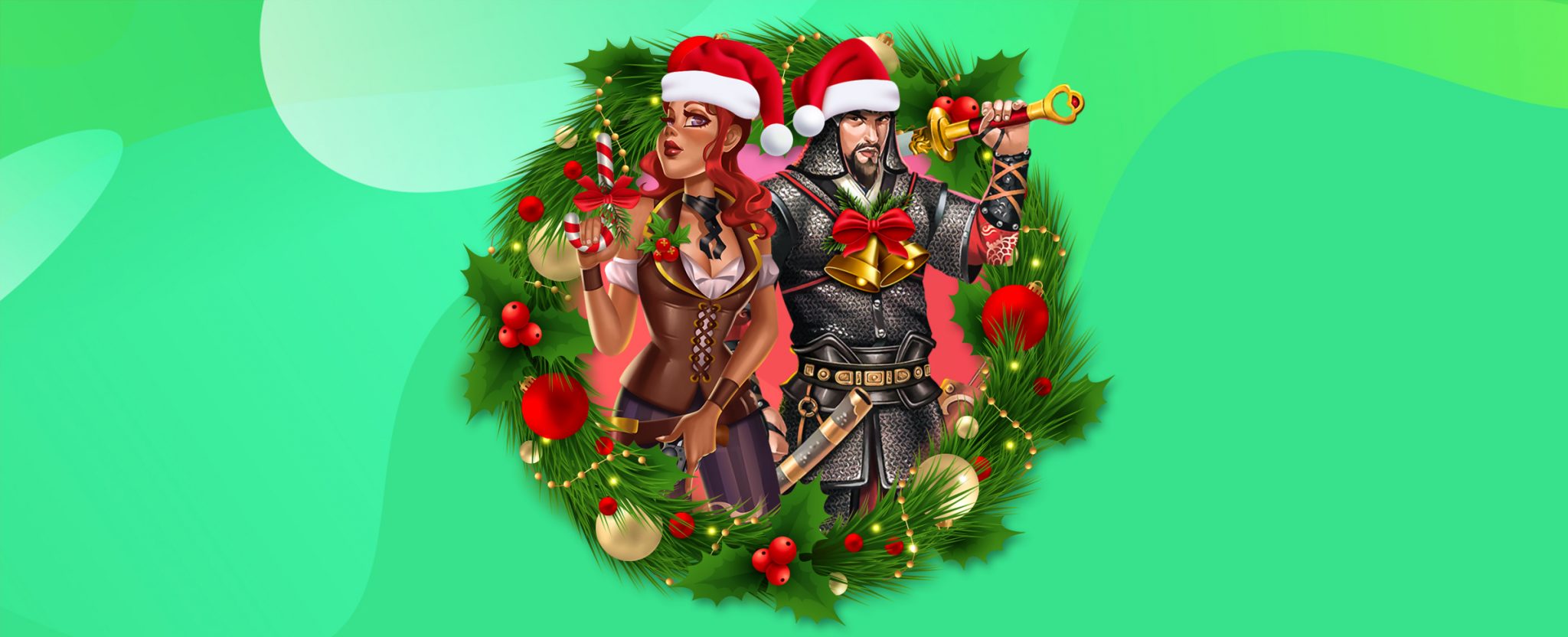 A Christmas reef with two cartoon characters standing inside of it, including a knight and western-dressed woman both wearing Santa hats.