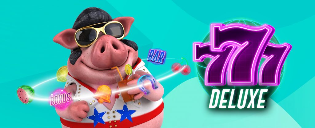 Karakter Elvis animasi 3D terlihat dari pinggang ke atas di sebelah kiri gambar, mengenakan pakaian terusan putih, kacamata hitam besar berbingkai emas, dan menyesap minuman melalui sedotan.  Di sebelah kanannya, logo slot SlotsLV dari 777 Deluxe ditampilkan.
