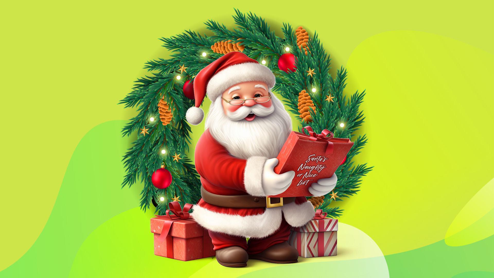 Illustrated Santa standing in front of a Christmas wreath and presents against a green background.