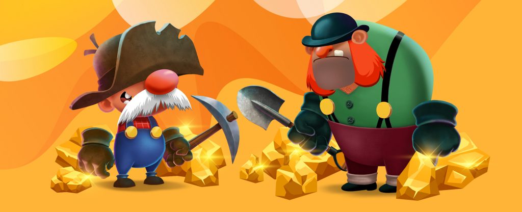 Two animated cartoon characters from the SlotsLV slot game “Gold Rush Gus and the City of Riches” are seen holding pick-axes and spades, wearing thick padded gloves and standing in front of large glistening gold rocks.