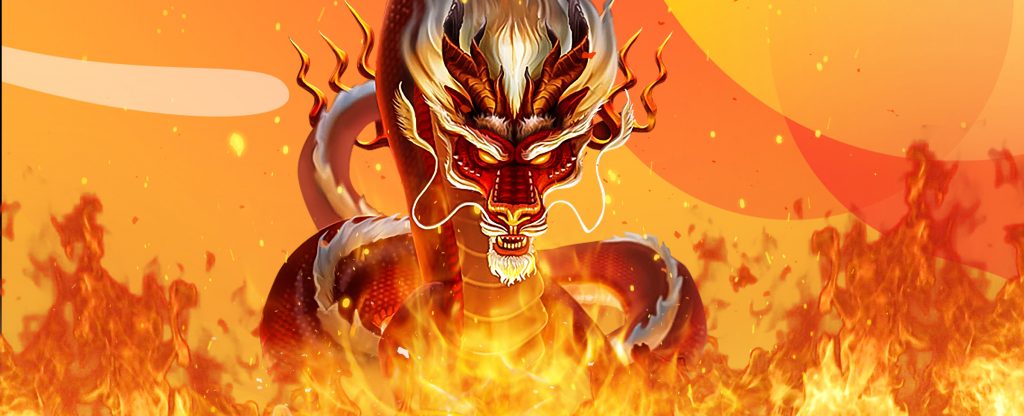 Naga animasi dari permainan slot SlotsLV “Dragon Blast” terlihat menjulang tinggi di atas api yang mengamuk