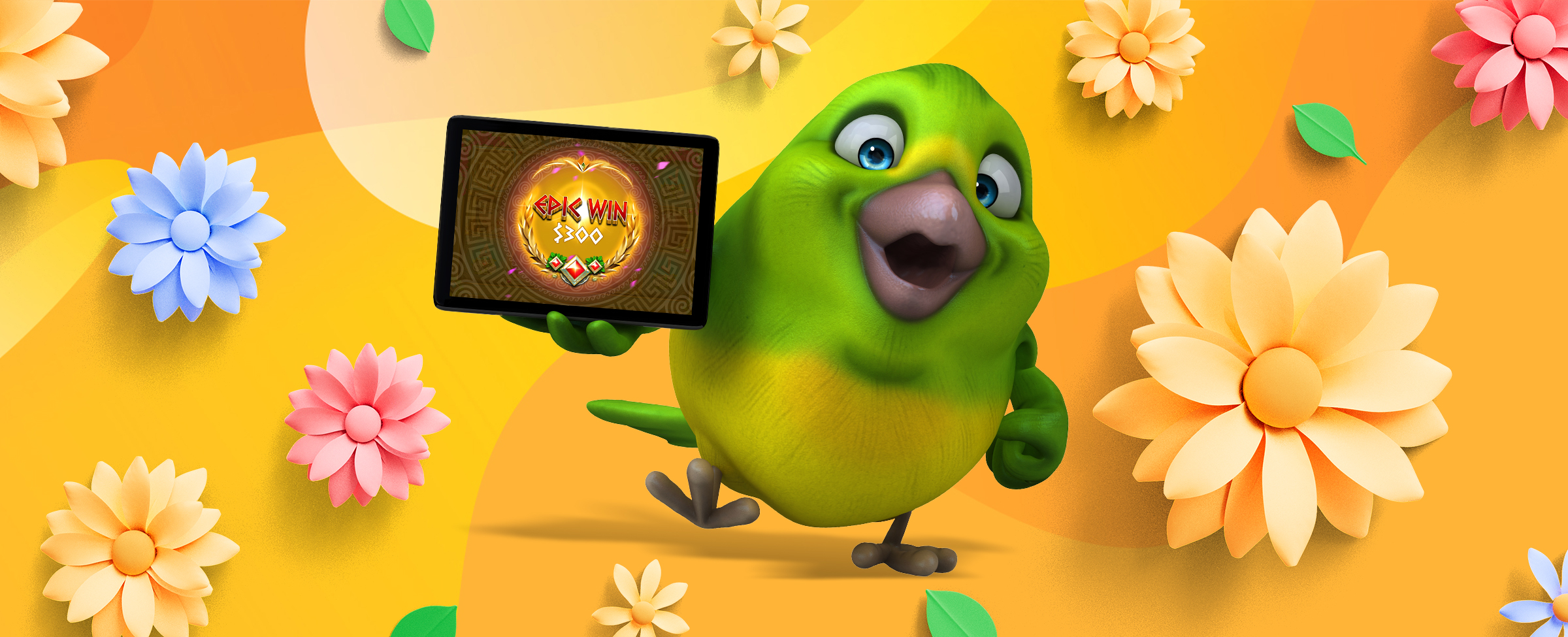 A green 3D-animated bird holds up an iPad one hand, showing a winning screen from a SlotsLV slot game. Surrounding the bird are a variety of mono-tone sunflowers in pink, apricot, and light blue.