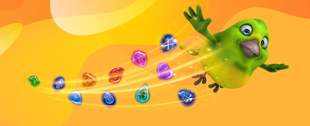 A green 3D-animated cartoon bird is seen flying through the air, and behind its wind trail are a flight of gems in various neon colors, including green, aqua, purple, pink, blue, orange and red. Behind, is a two-tone abstract orange background.