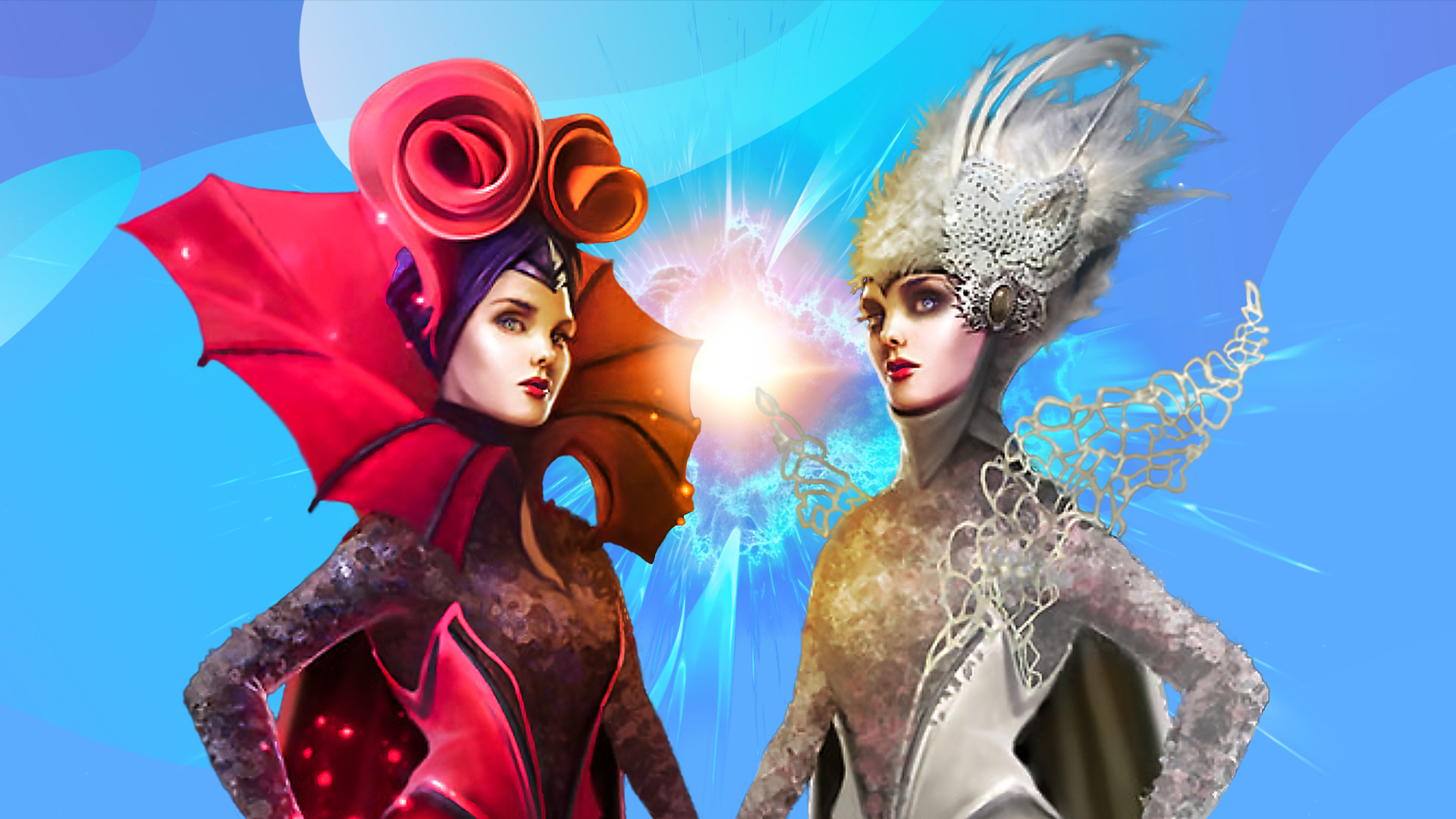 Two animated queens from the SlotsLV slot game Clash of queens stand either side, facing inward. The queen on the left wears a red oversized frill-neck, while the other wears a metallic white and silver suit with a tall, white furry hat.