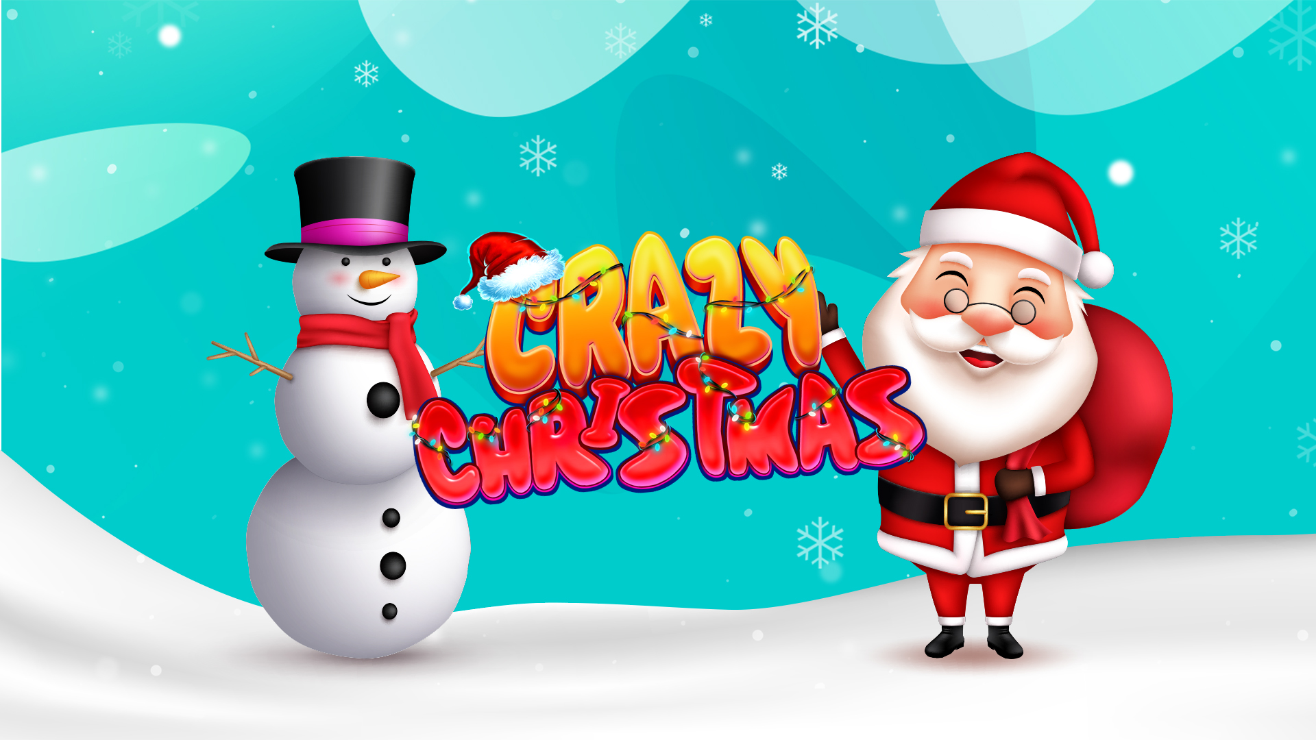 Front and center in the image are the words “Crazy Christmas”, the logo from the SlotsLV slot game of the same name, with a 3D-animated Santa standing to the right, and a 3D-animated snowman to the left.