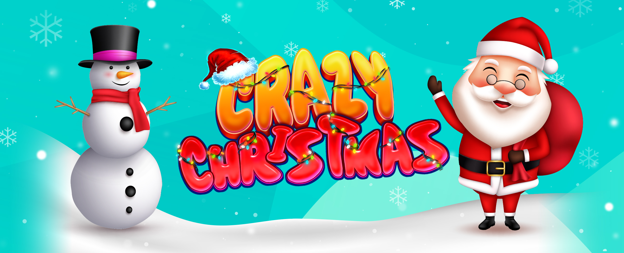 Front and center in the image are the words “Crazy Christmas”, the logo from the SlotsLV slot game of the same name, with a 3D-animated Santa standing to the right, and a 3D-animated snowman to the left.