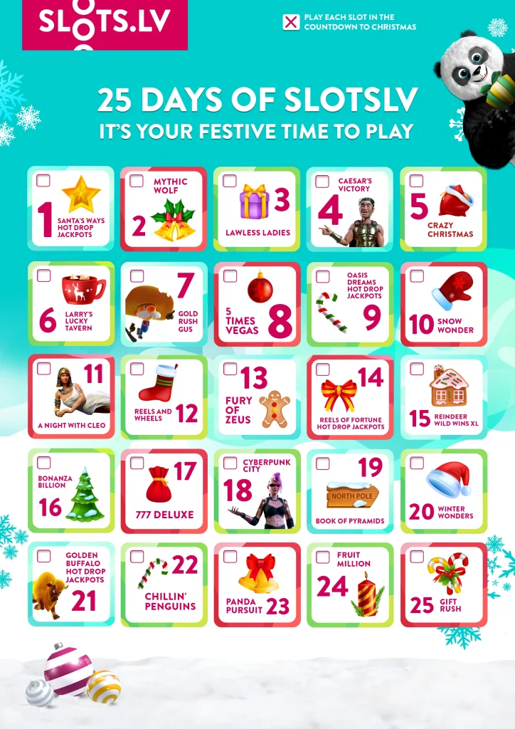 An advent calendar of SlotsLV online slots to play from December 1 to 25.