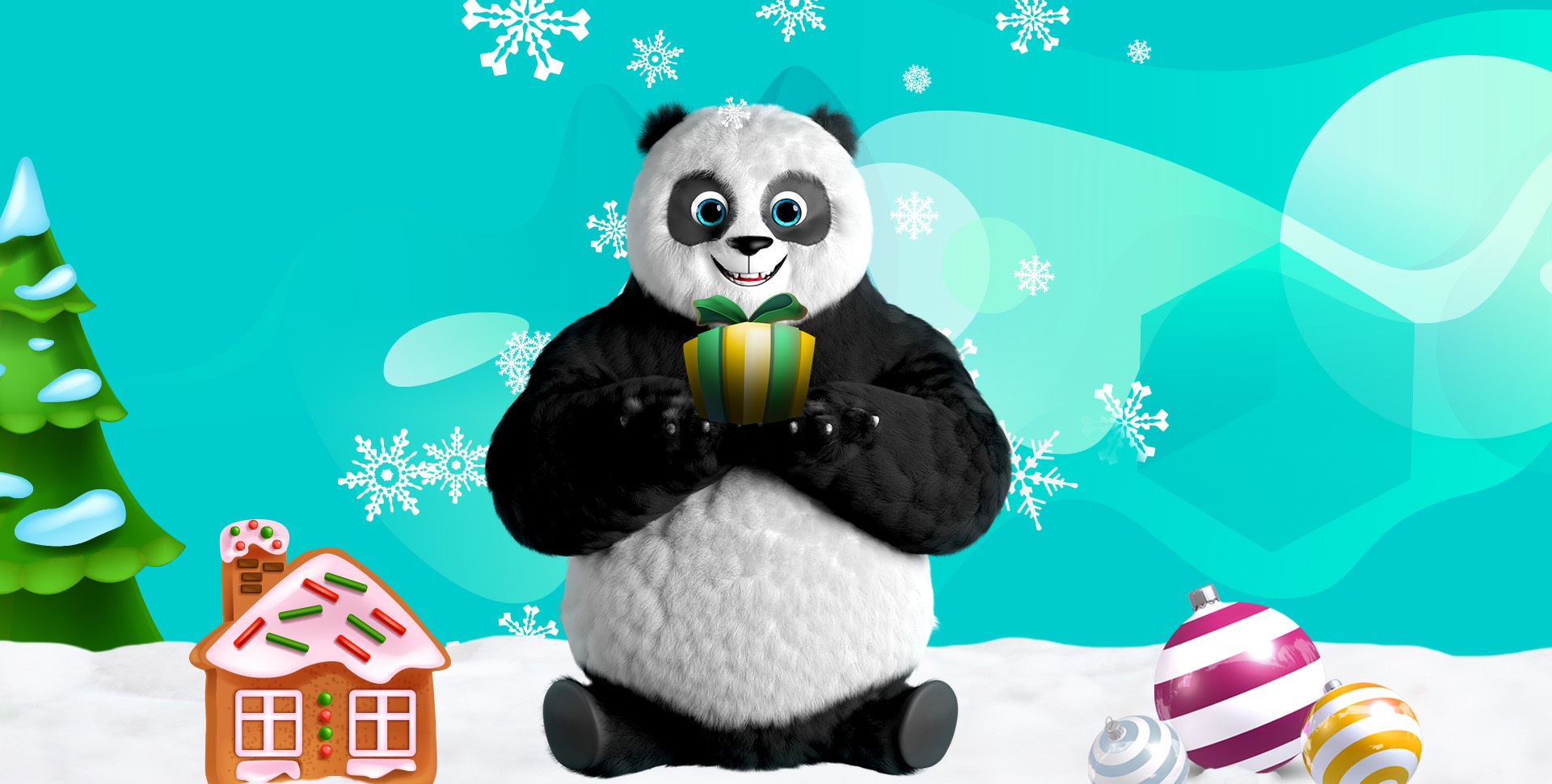 A cartoon panda holding a green and gold gift box, sitting on top of white snow.