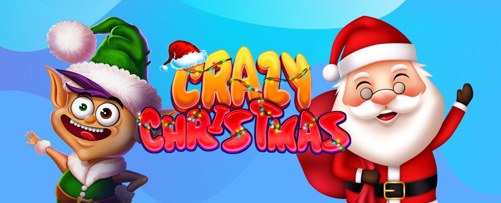 A 3D-animated elf and Santa Clause stand either side of the SlotsLV slot game logo “Crazy Christmas”, set against a blue abstract background.