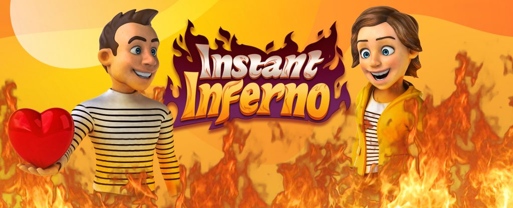 Pasangan animasi 3D pria dan wanita berdiri di kedua sisi permainan slot Inferno Instan di SlotsLV, sementara pria memegang hati cinta yang besar di tangan kanannya.  Di depan mereka, ada api dari neraka.