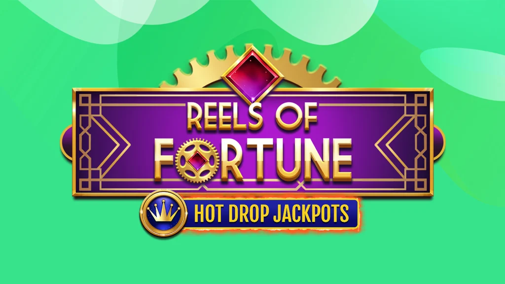 The logo for the SlotsLV online slot, Reels of Fortune Hot Drop Jackpots, on a light green background.