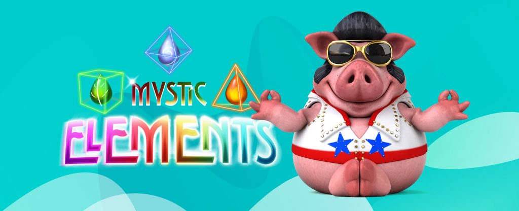 Karakter animasi 3D Elvis duduk di sebelah kanan gambar dalam pose yoga, mengenakan jumpsuit putih dan kacamata hitam berbingkai emas, sementara di sebelah kiri, logo dari permainan slot SlotsLV 'Mystic Elements' ditampilkan.