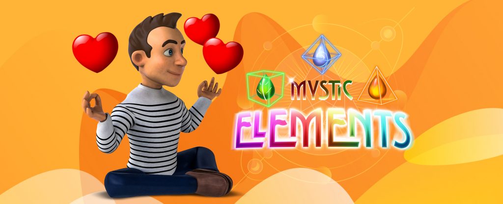 Karakter 3D seorang pria dengan kemeja bergaris, duduk di lantai dalam pose yoga dengan hati cinta melayang di sekelilingnya.  Di sebelah kanannya, adalah logo slot game SlotsLV dari Mystic Elements.