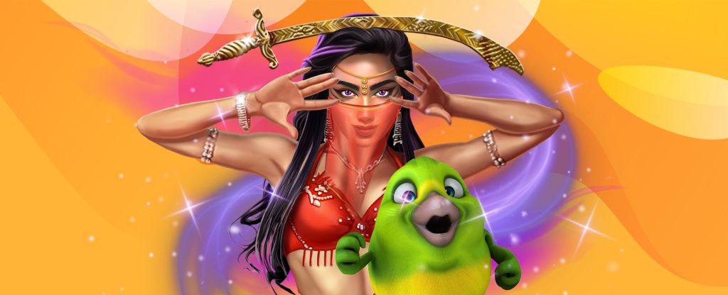 The central 3D-animated character from the SlotsLV slot game, Oasis Dreams Hot Drop Jackpots, stands in the middle of the image, wearing stage costume and holding her hands up to her eyes. Balancing on the top of her head is a gold sword. In the foreground is a green 3D-animated bird, and behind is a two-tone orange abstract background.