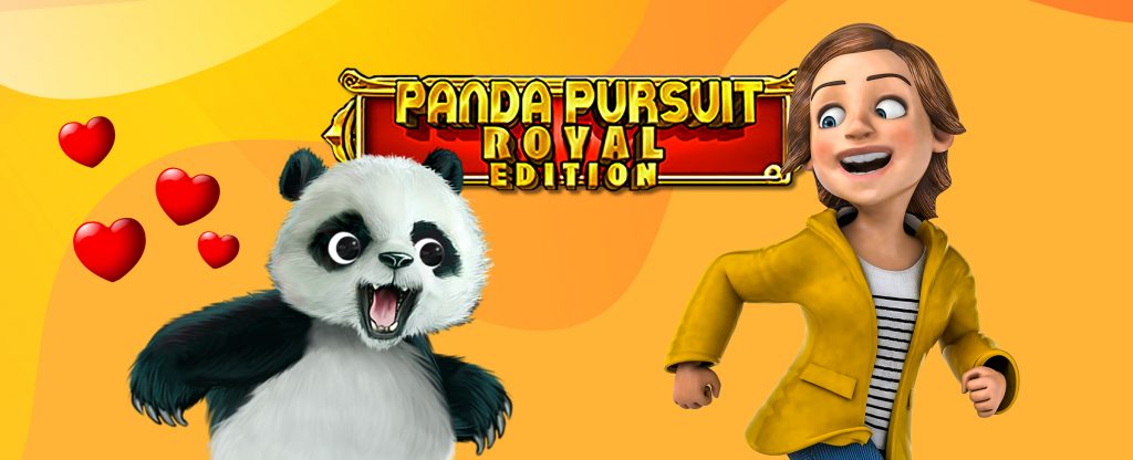Karakter animasi sentral dari slot game SlotsLV, Panda Pursuit Royal Edition, ditampilkan di sebelah kiri gambar dengan hati cinta di sekelilingnya, tampak mengejar wanita animasi 3D dengan jaket kuning dan kemeja bergaris.  Di atas mereka, adalah logo dari permainan slot yang sama.