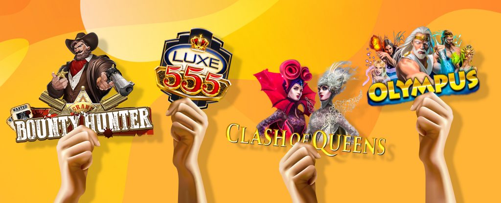 Four hands are holding up four logos that represent SlotsLV slot games, including Bounty Hunter, Luxe 555, Clash of Queens, and Olympus, set against an abstract orange background.