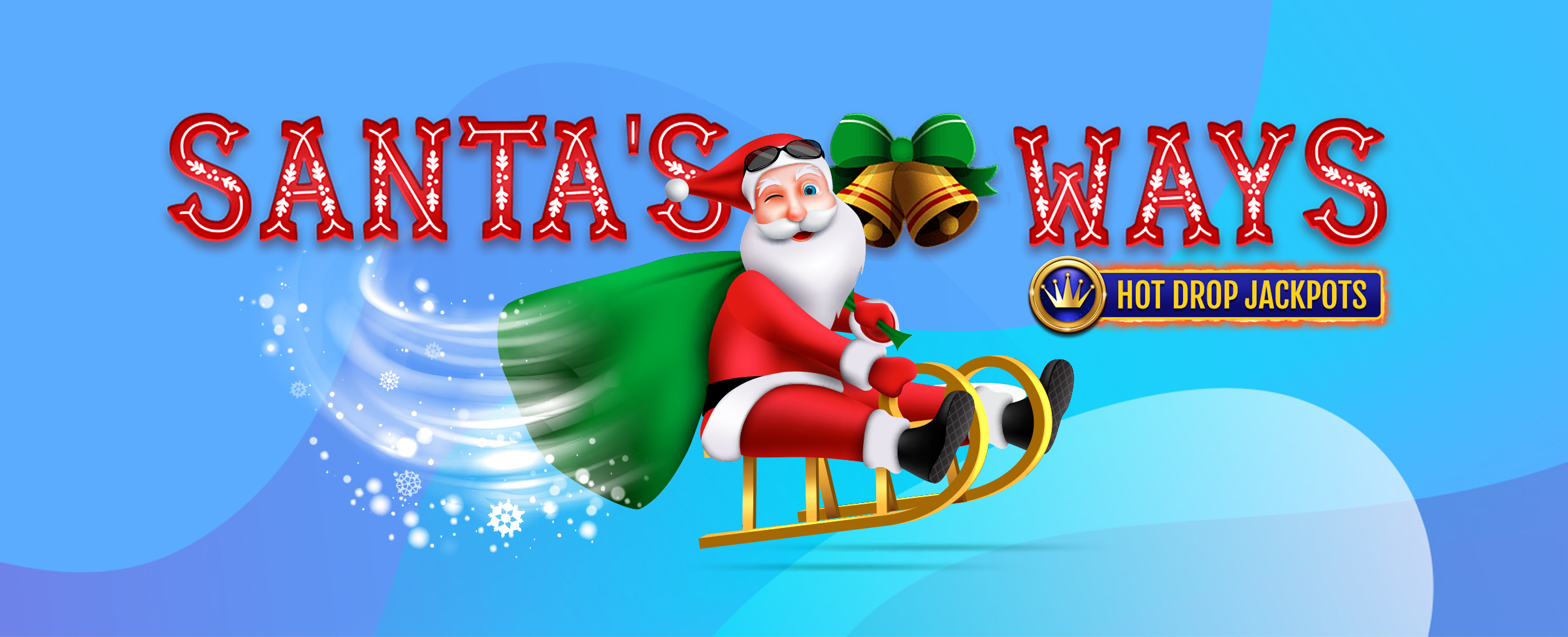 Santa Claus is on a golden sleigh flying through the sky, wearing a green cape and red hat with sunglasses pulled up, winking, while the SlotsLV slot game logo from “Santa’s Ways” surrounds him.