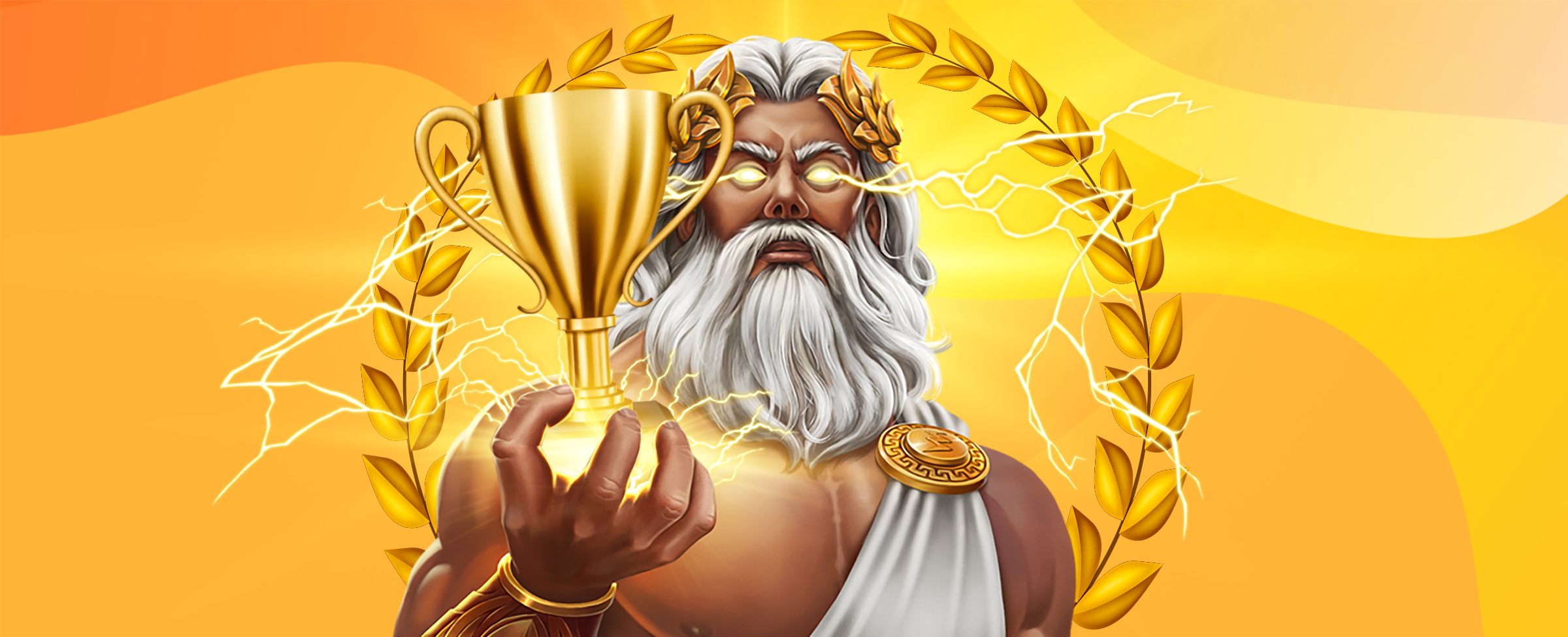 A 3D-animated depiction of Zeus, the God of the sky, wearing a robe with a gold pendant, holding up a gold trophy in one hand, while lightning appears to sprawl out from his eyes.