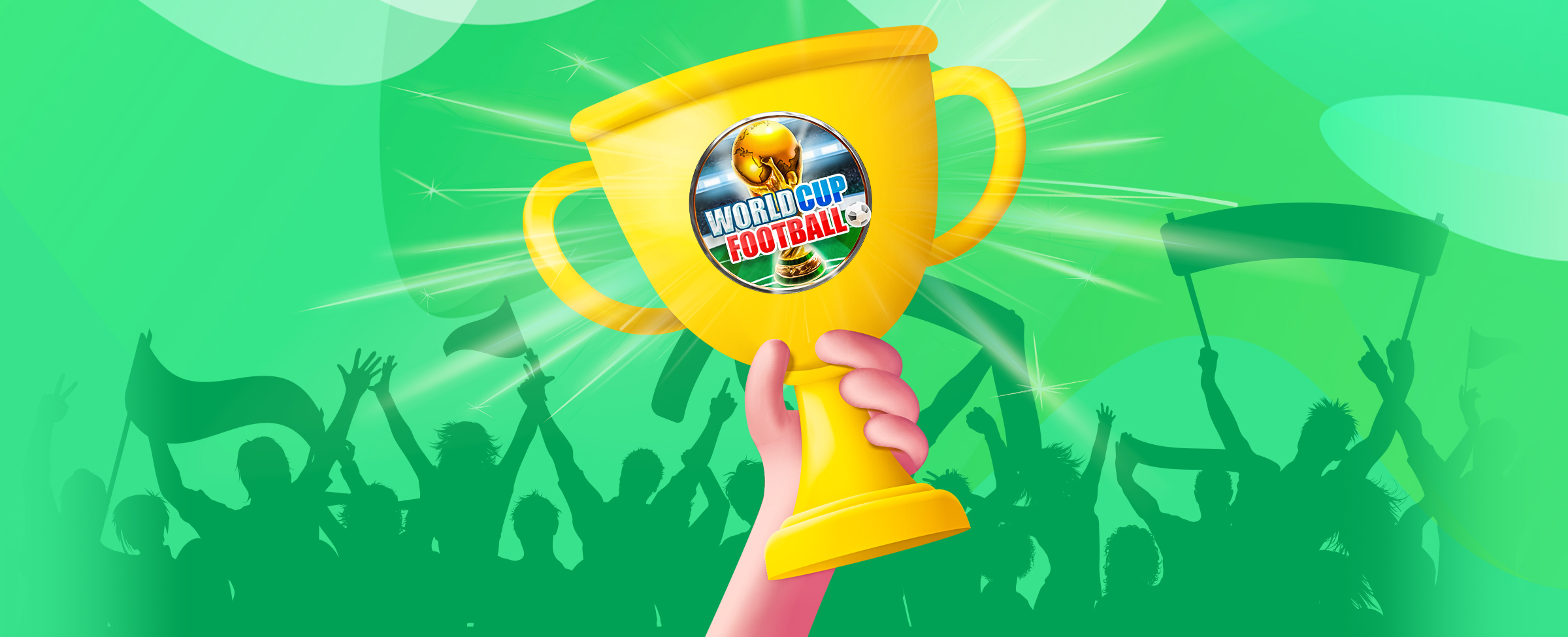An illustrated hand holds up a gold trophy with a logo of the SlotsLV slot game called World Cup Football, set against a green background with faded silhouettes of football fans waving flags.