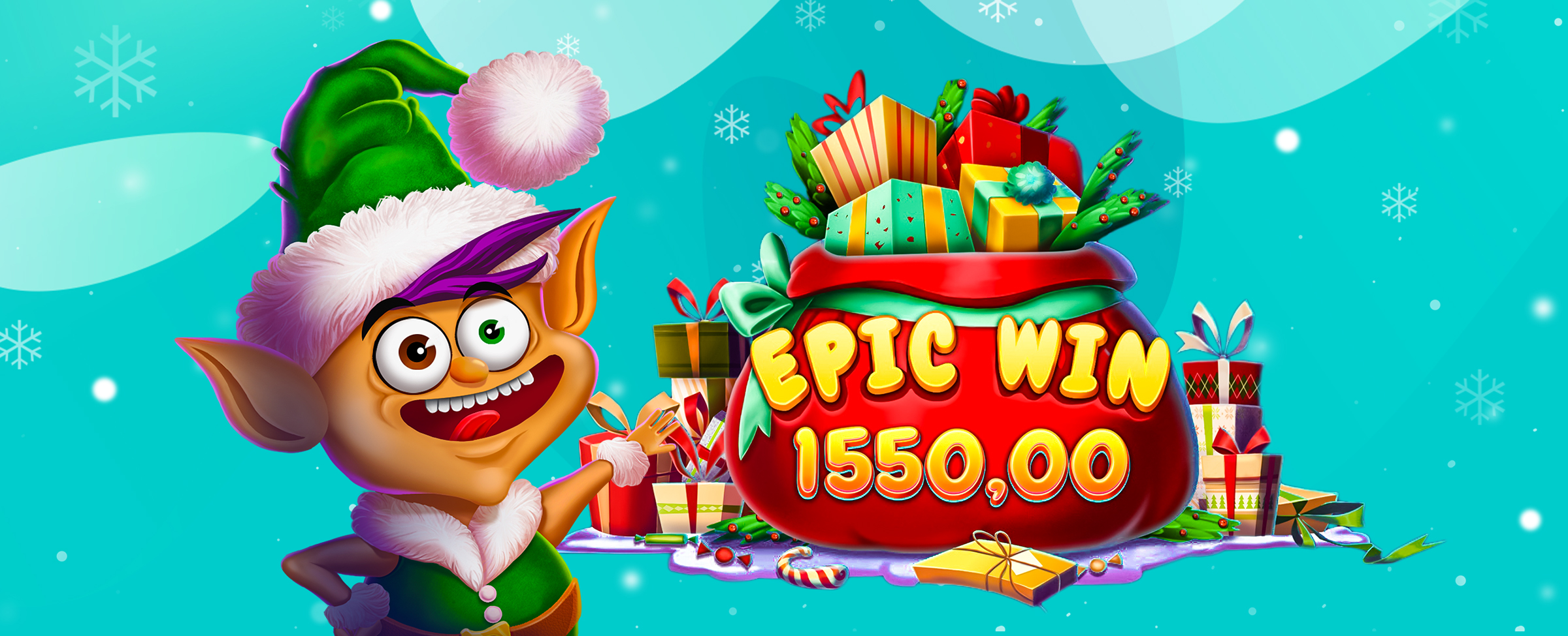 An animated elf wearing a green and purple Santa hat pointing at an oversized red sack full of gifts, with the words “epic win 1555,00” overlaid.