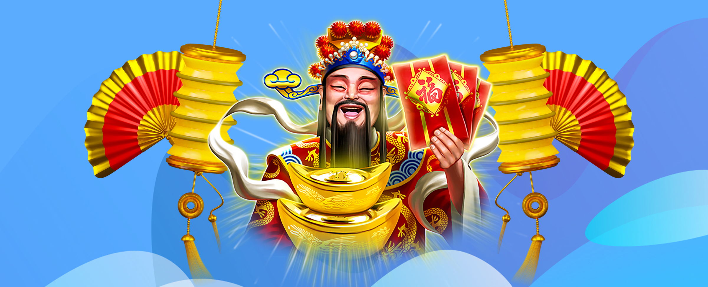 Dewa Kekayaan Cina Caishen dari permainan slot SlotsLV Da Hong Bao ditampilkan dalam pakaian tradisionalnya, dengan lentera gantung dan kipas tangan mengelilinginya, sementara pot emas berkilau cerah.