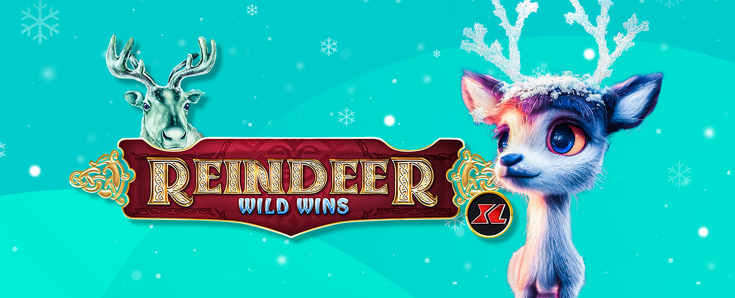 Rusa kutub 3D animasi dengan tanduk dalam formasi seperti salju muncul di sebelah kanan logo permainan slot SlotsLV untuk Reindeer Wild Winds XL.