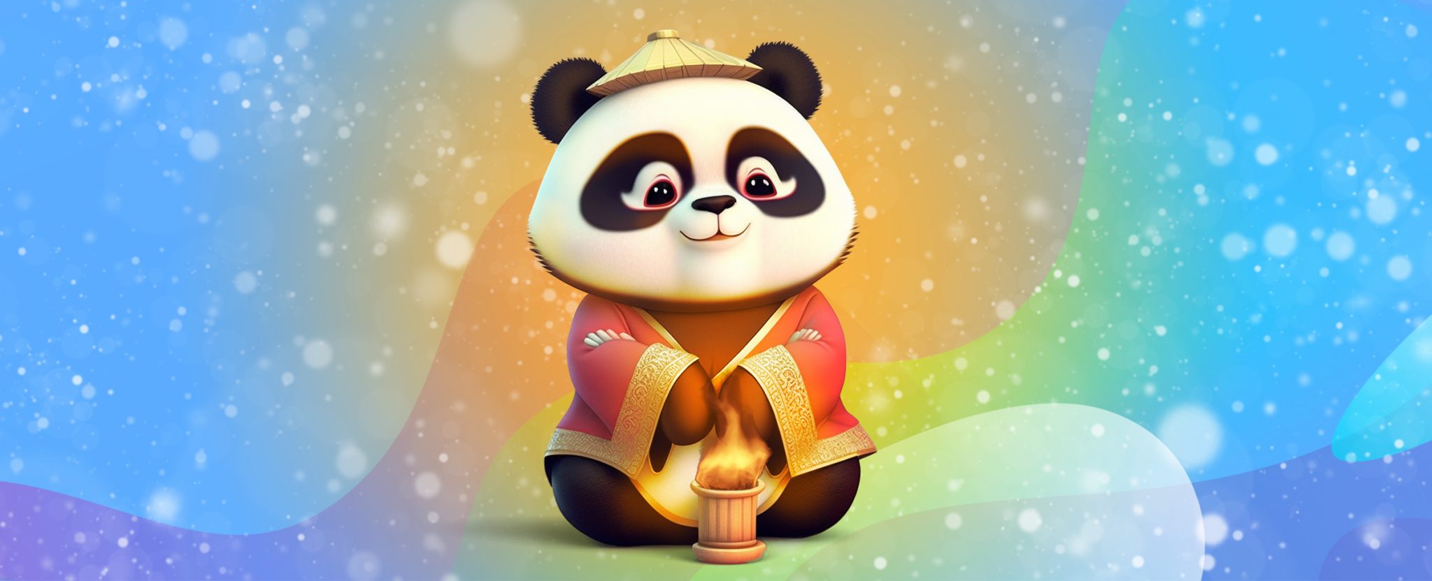 A 3D-animated panda wearing a traditional Japanese costume sits in front of a small fire, surrounded by falling snow.