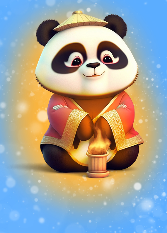 A cartoon panda character wearing a traditional Japanese straw hat, sits cross-legged, warming in front of a small fire while snow falls all around.