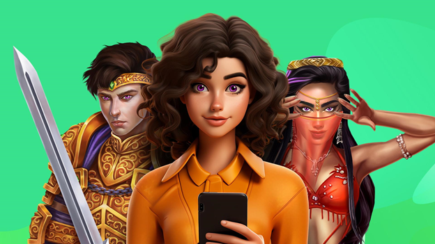 Female brunette holding a smartphone is centered with a knight from the slot Dragon Siege to the left and a female character from the slot Oasis Dreams to the right on a light green background.