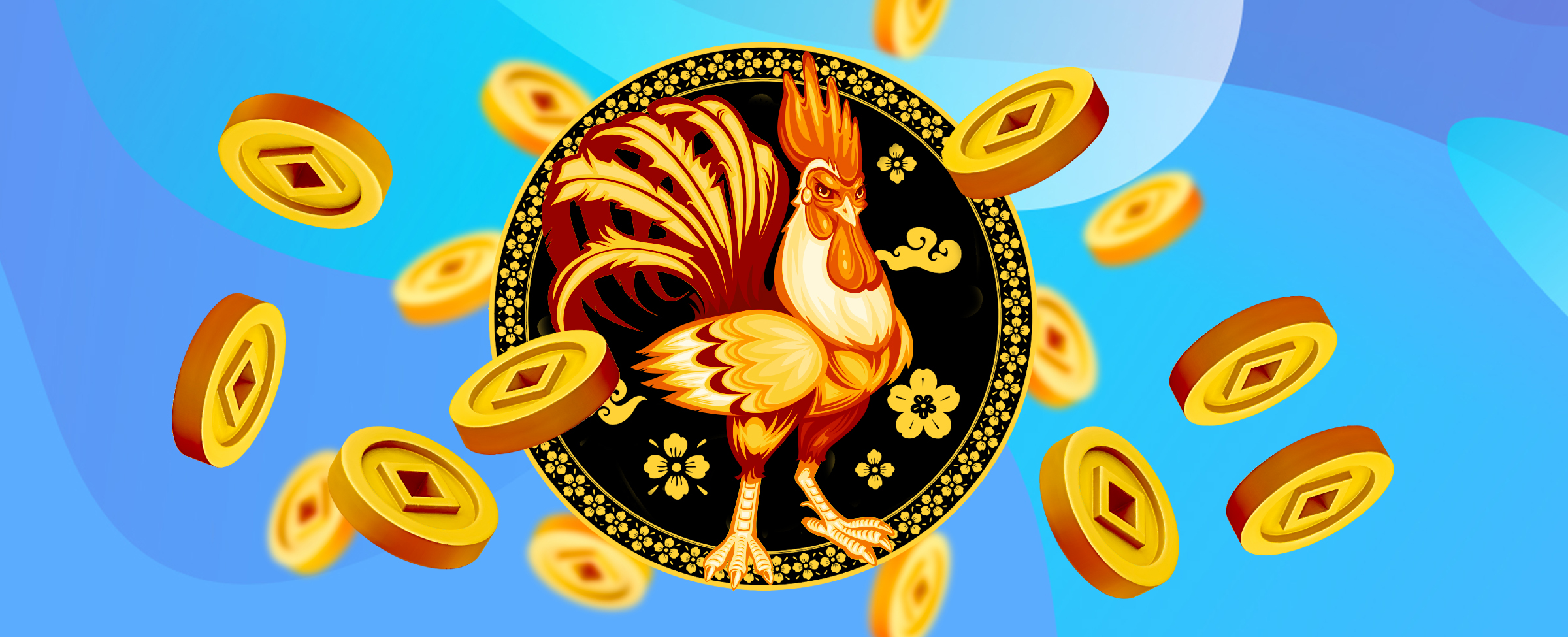 Ayam bergambar berwarna oranye dan emas berdiri di dalam lingkaran hitam dengan pinggiran berpola, dikelilingi oleh koin kasino dari SlotsLV Casino.