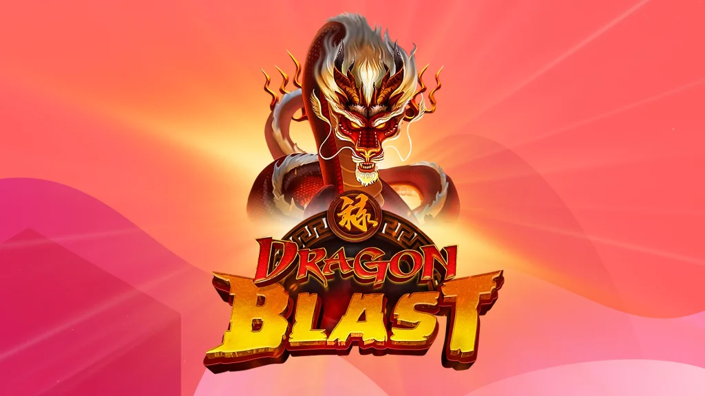 Fearsome looking dragon lurks in the background of the logo from the SlotsLV online slot Dragon Blast. 