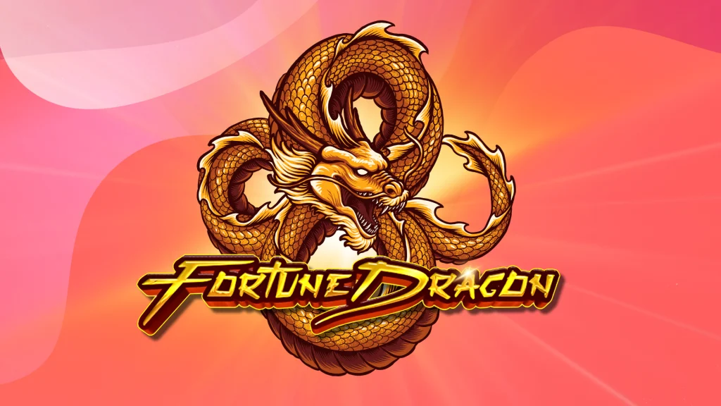 Golden colored dragon with mouth open wide behind the logo of the SlotsLV online slot, Fortune Dragon, on a vibrant red background.