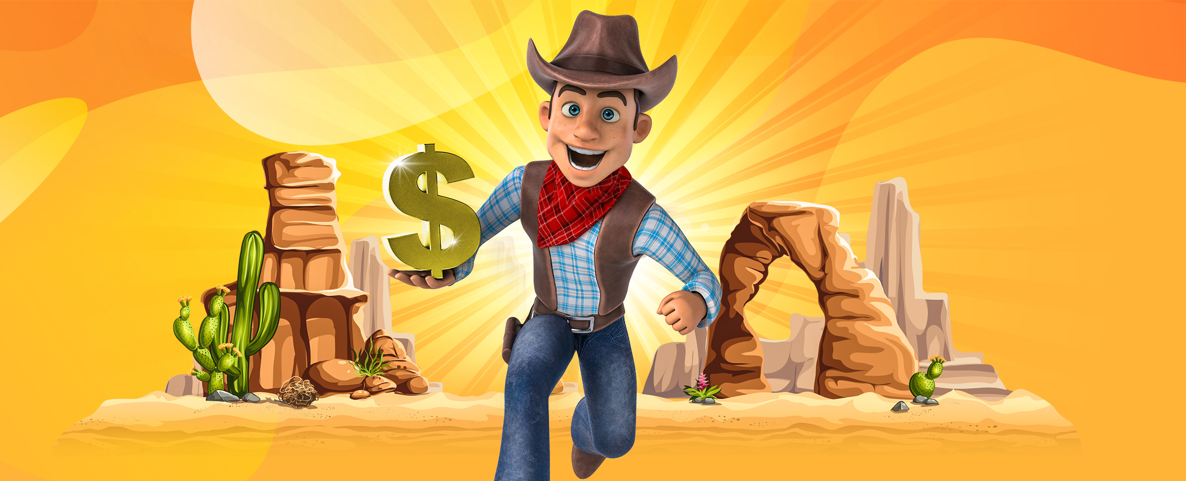 A 3D-animated character of a cowboy holding a large dollar sign while running, while in the background, animated rocks and cacti appear against the desert sand.