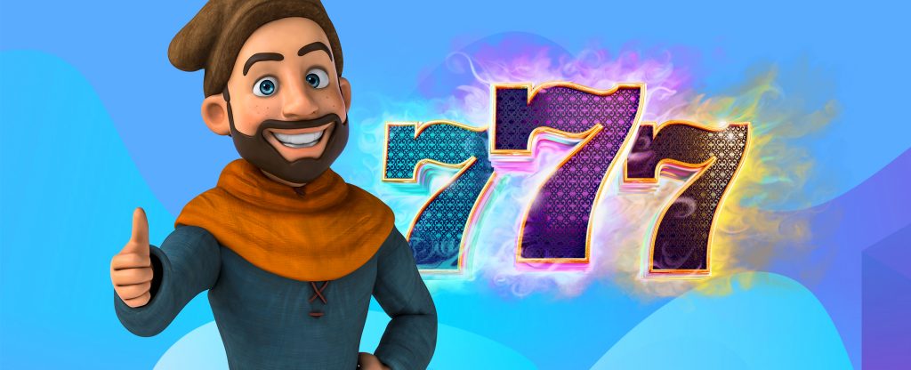 A 3D-animated bearded man in medieval clothing and a hat is seen waist up, one hand on his side and the other elevated with a thumbs-up, smiling. To his right are three number sevens, from the SlotsLV slots game 777 Deluxe.