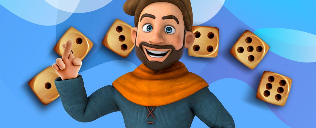 A 3D-rendered bearded man wearing medieval clothing is seen waist up, holding one arm up and crossing the fingers of his hand, while in the background, six dice are pictured hovering around him.