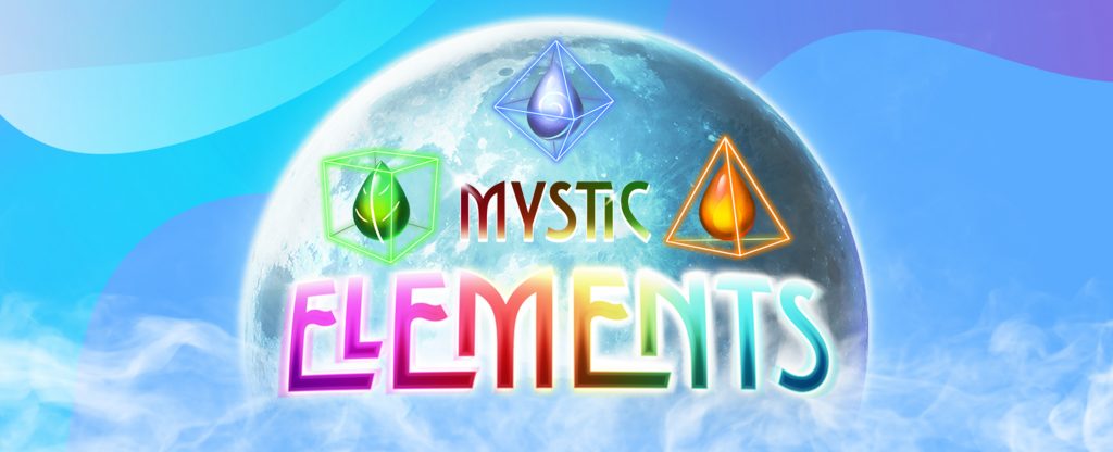 A faded image of the earth is seen in the background of this image surrounded by a cloud haze, while in the foreground, the words “Mystic Elements” appear, which form the logo from the SlotsLV slot game of the same name.