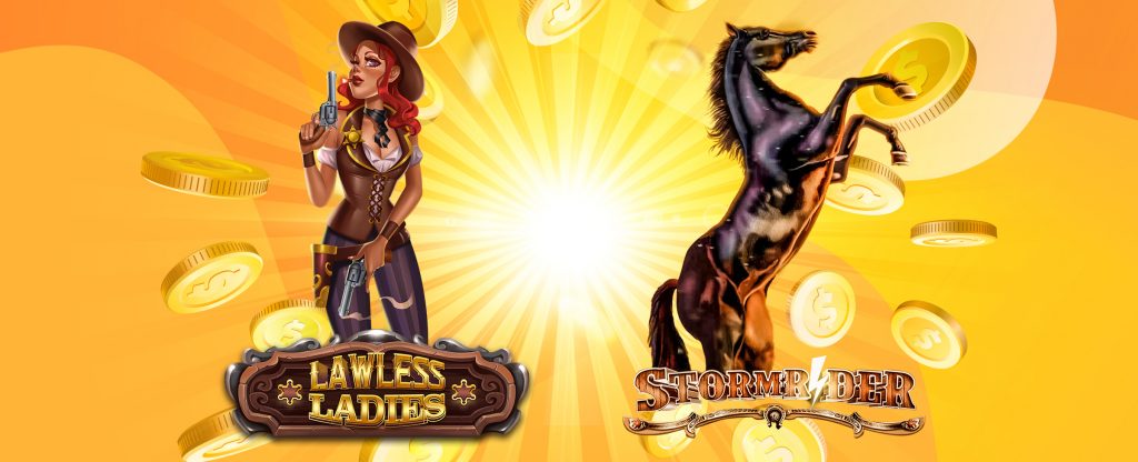 Two logos from SlotsLV slot games are depicted in this image: “Lawless Ladies” – featuring a cowgirl in western gear, and “Storm Rider” – a horse bucking on its hind legs.