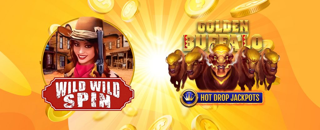Dua logo muncul di gambar ini – “Wild Wild Spin”, menampilkan adegan seorang cowgirl memegang pistol dengan latar belakang bar, dan “Golden Buffalo Hot Drop Jackpots”, menampilkan kawanan kerbau, menuju ke layar.