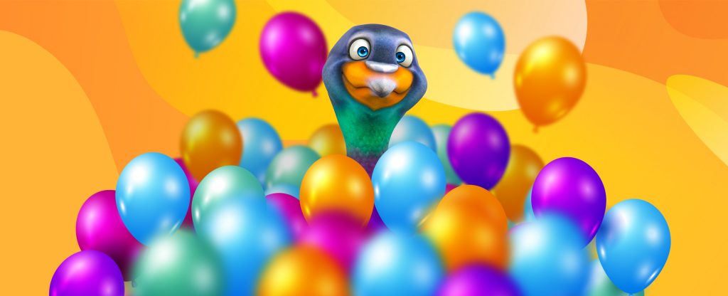 A 3D-animated duck pokes its head through multi-colored balloons, with some floating off into the background.