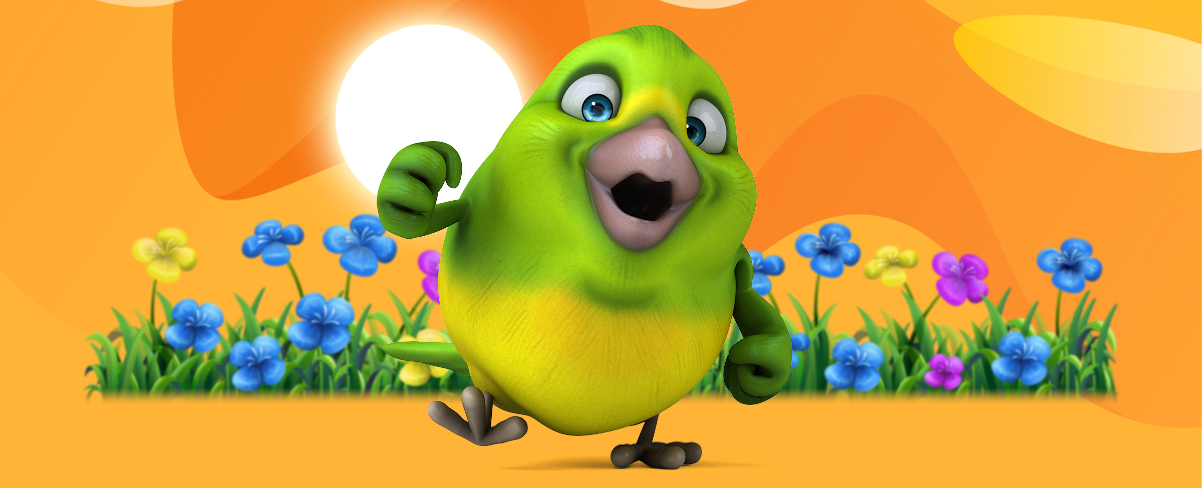 A 3D-animated yellow and green chick with a gray beak, inspired by games at SlotsLV Casino, stands in front of a flower bed, while the sun beats down from behind against a yellow background.